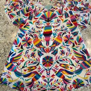 Judith March Red and Orange Graphic Ruffled Blouse or mini dress, Tropical, Boho